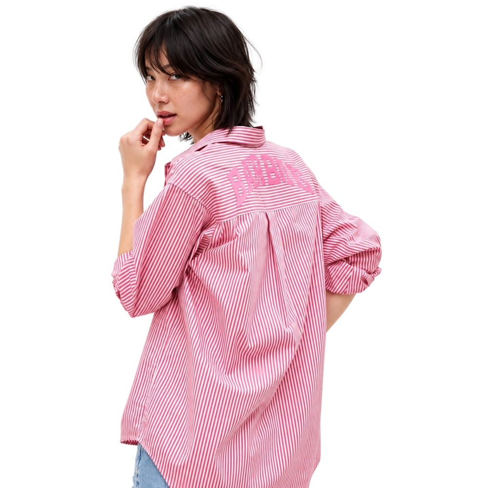 GAP Barbie The Big Shirt Pink White Striped Embroidered Logo Button Down Small